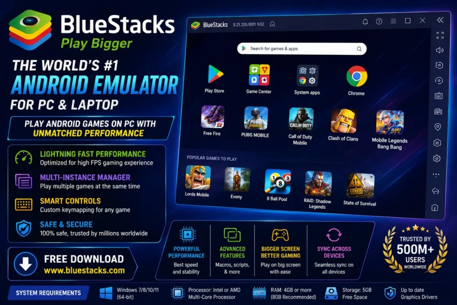 BlueStacks emulator home screen used to install Indian Vehicles Simulator 3D on PC