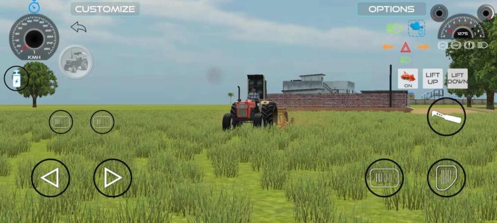Red tractor driving through a farming field in Indian Vehicles Simulator 3D's Farming Mod