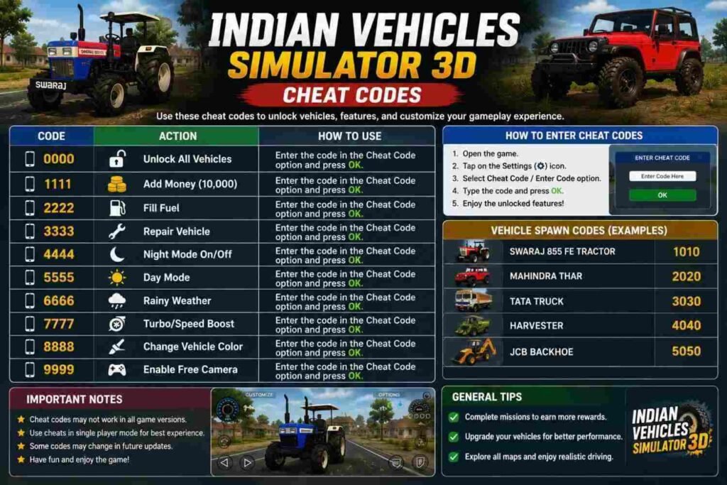indian vehicles simulator 3d cheat codes