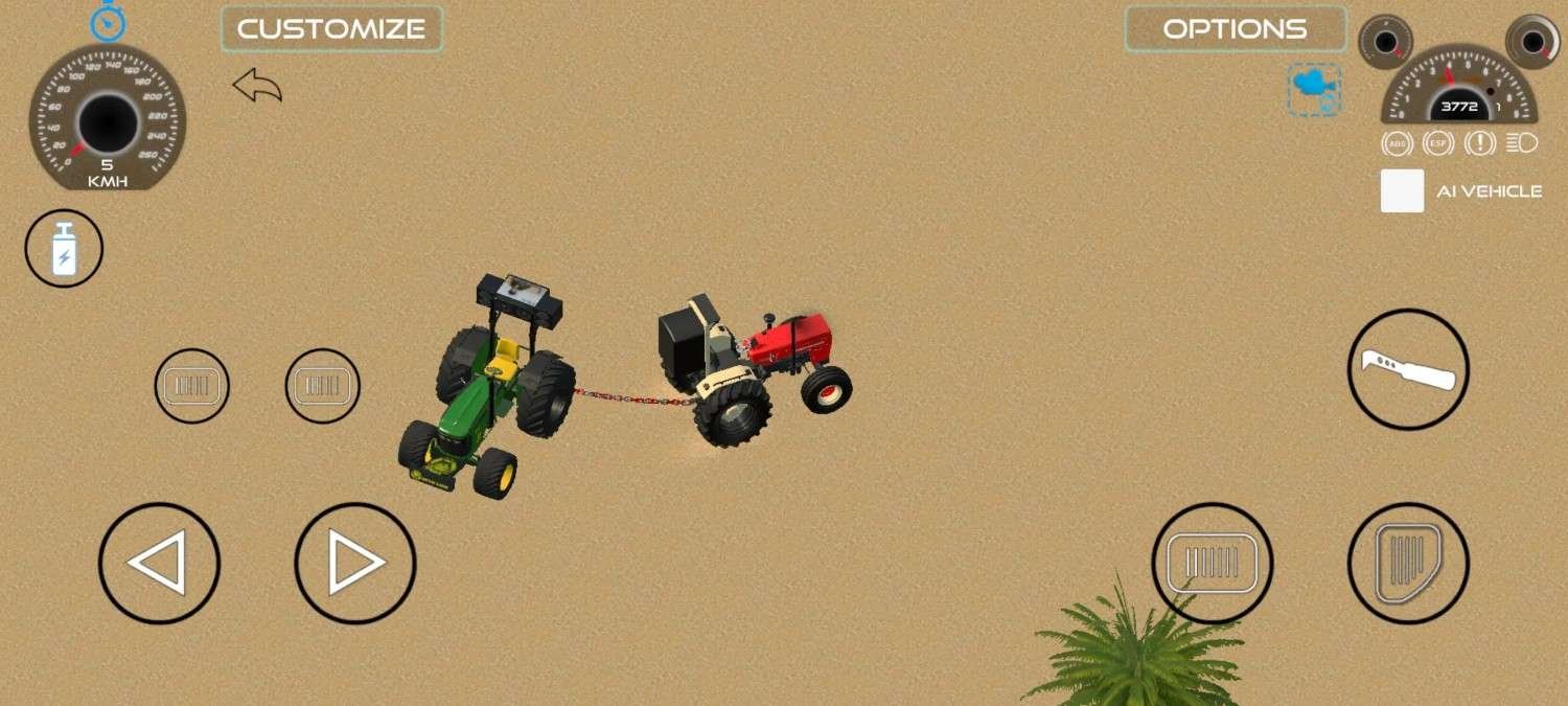 Aerial view of a green and red tractor chained together during a Tochan Mod pulling competition