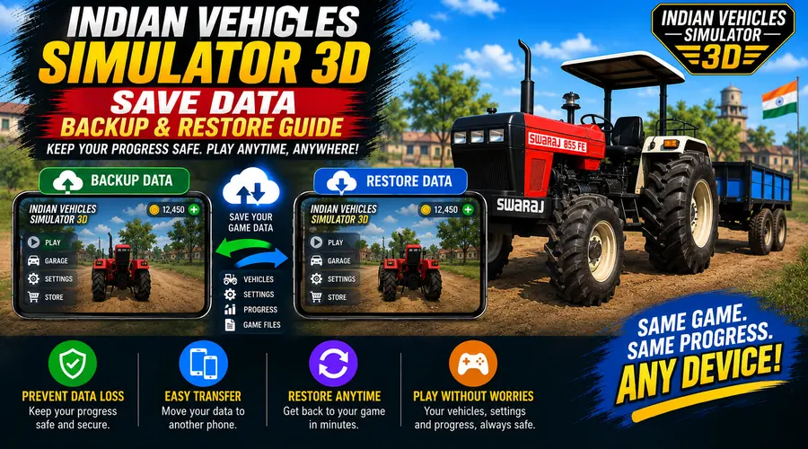 Indian Vehicles Simulator 3D save data backup and restore screen in the Customize menu