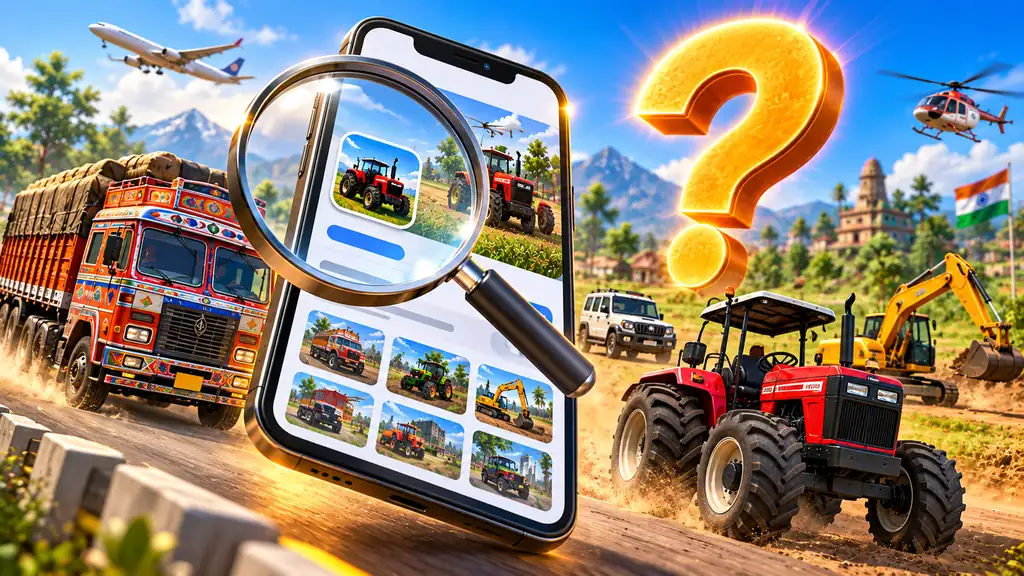 Illustration of a magnifying glass over the Indian Vehicles Simulator 3D store page asking whether a beta version exists
