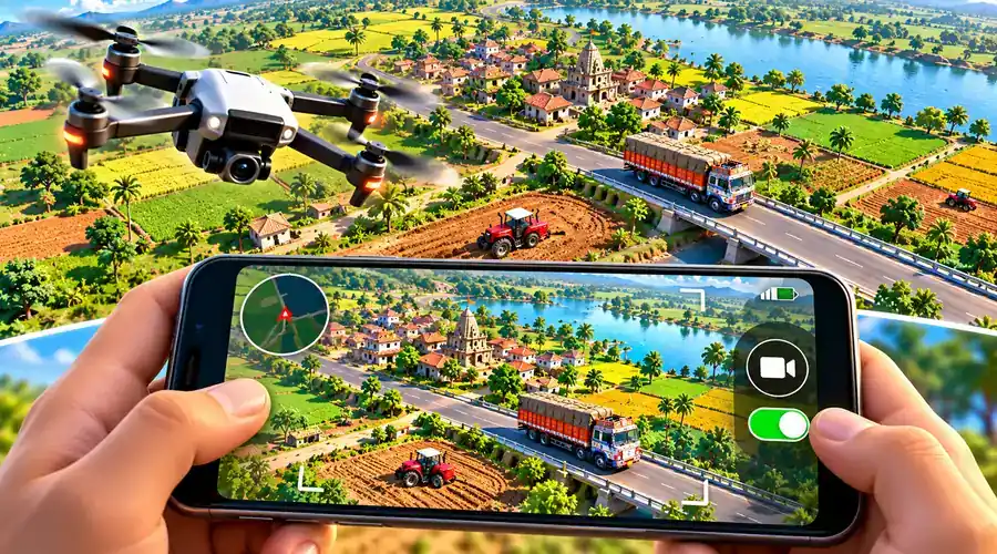 Illustration of a drone's aerial view of Indian farmland shown on a smartphone screen