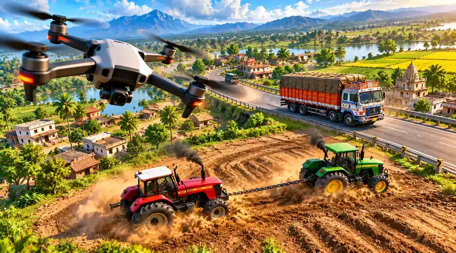 Illustration of a camera drone flying over Indian Vehicles Simulator 3D gameplay with tractors in a tug-of-war