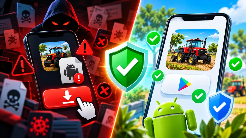 Illustration comparing a suspicious fake beta version APK download with the official Play Store listing